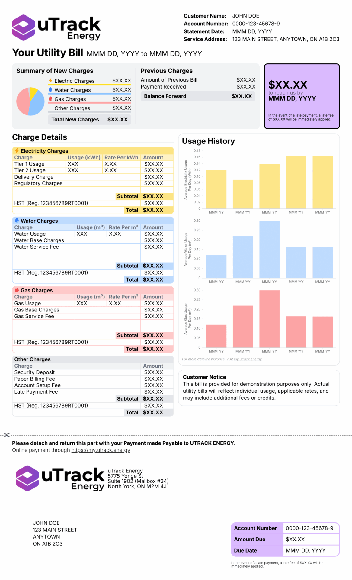 The front of a sample uTrack utility bill as of May 2025